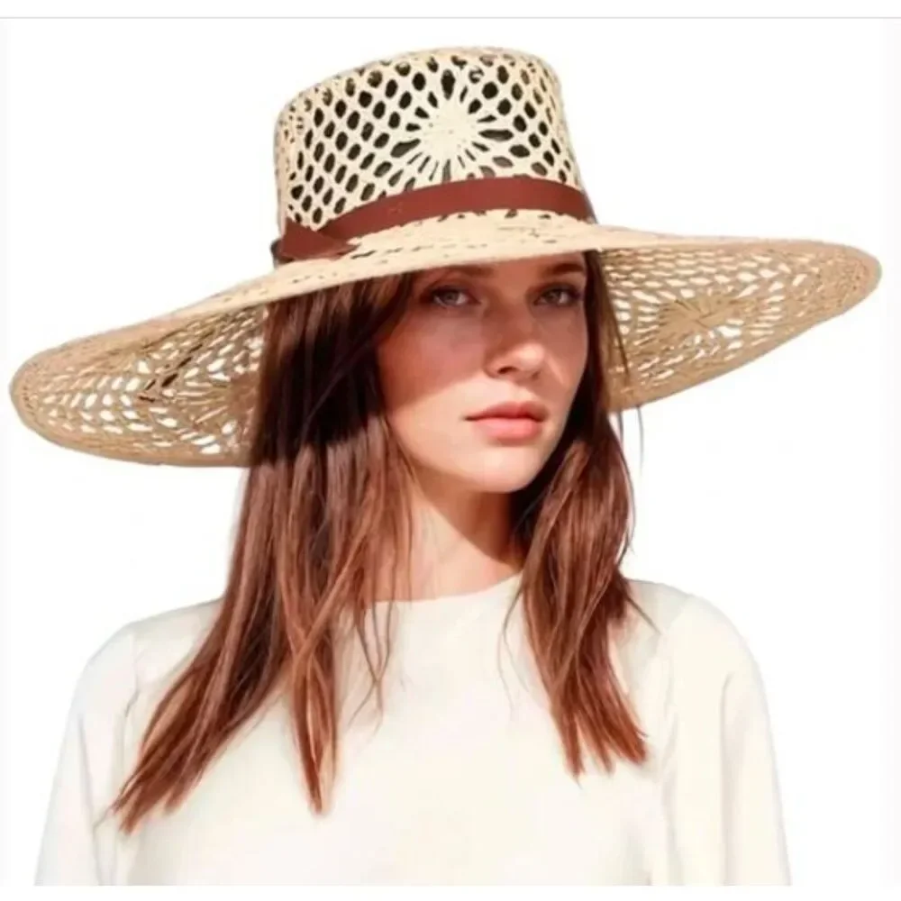 Veronica Beard Meringue Raffia Straw Wide Brim Sun Hat Natural S M NWT 298 - Picture 4 of 15